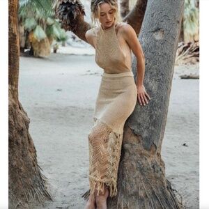 Savannah Morrow Beige Sakari Knit Crochet Midi Skirt New With Tags Size L